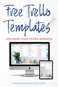 a desktop computer and monitor with the text free templates organize your entire business on it
