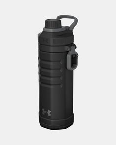 a black water bottle is shown with the lid open and nozzles on it