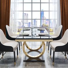 a dining room table with white chairs and a large window