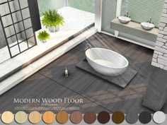 modern wood floor with various colors and materials for the bathroom area, including bathtub