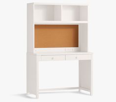 a white desk with a brown corkboard on the top and bottom shelf above it