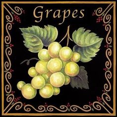 grapes on a black background with the word grapes written in gold and surrounded by green leaves