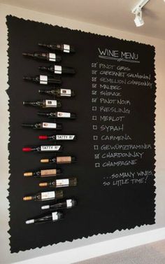 a wine menu hanging on the wall in a kitchen