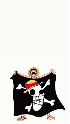 a cartoon character with a pirate hat and skull on it's chest holding up a flag