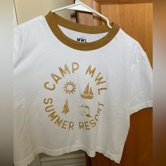 Never Worn!! Cropped Camp Madewell Shirt. So Cute And Perfect For Summer!! Casual Cotton Camp Shirt, Casual Cotton Camp Shirt For Camping, White Cotton Camp Shirt For Camping, Casual Camp Shirt For Summer Outdoor Activities, Casual Summer Camp Shirt For Outdoor Activities, White Cotton Camp Shirt, Summer Graphic Print Camp Shirt, Summer Camping Shirt With Graphic Print, White Summer Tops For Camping