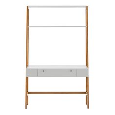 The 46" Wide Leaning/Ladder Desk is the perfect desk for your home office or living room. The ladder shape elevates the look of the room even when it's not in use. The tabletop is has a large 44" wide area for writing and working on a laptop will make you feel like you're at work, but with a sleek and airy work surface. Keep books, supplies, and decorative items neatly stored on the upper shelves or within the storage drawer. This large Leaning/Ladder Desk yet comes with a compact footprint that Leaning Ladder Desk, Leaning Desk, Leaning Shelf, Ladder Desk, Leaning Ladder, Corner Computer Desk, Wall Desk, Ladder Shelf, Perfect Desk