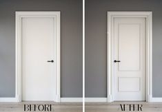 two doors with the same color as each other in front of a gray wall and white door