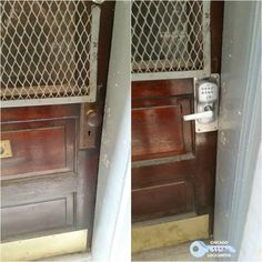 two pictures of an old door with a phone on the front and side doors open