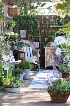 an outdoor garden with lots of plants and furniture