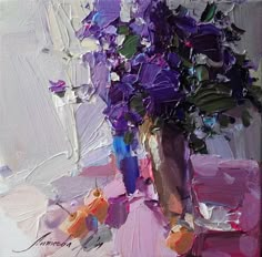 a painting of purple flowers in a vase