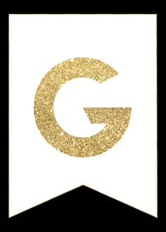 the letter g is made out of gold glitter and has a white background with an arrow