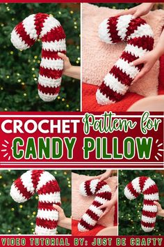 the crochet pattern for candy pillow is shown in red, white and green