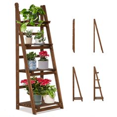 a wooden ladder shelf with potted plants on top and another set of plant stands next to it