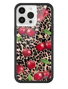 an animal print phone case with cherries on the leopard skin, and green leaves