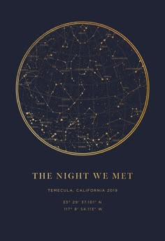 the night we met calendar with gold stars on a dark blue background, and text that reads