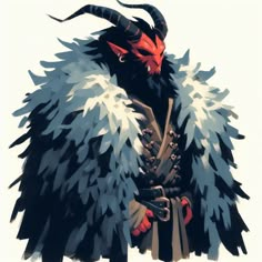 a painting of a demon with horns and fur on it's head, standing in front of a white background