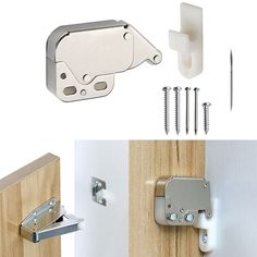 the door handle and latch are shown with screws, nails, and wood paneling