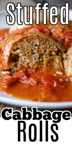 stuffed cabbage rolls on a white plate with text overlay