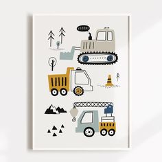 a card with construction vehicles and trees on it in black, white, and yellow