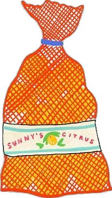 an orange bag with a label on it that says sunny's citruss in pink and blue