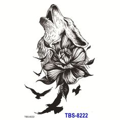 a drawing of a wolf with flowers and birds