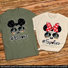 two shirts with mickey and minnie mouse heads on them