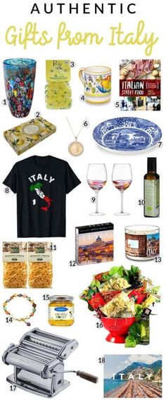 an assortment of gifts from italy with text overlay