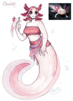 a drawing of a pink mermaid holding a fish in her hand and an axolot on the other side