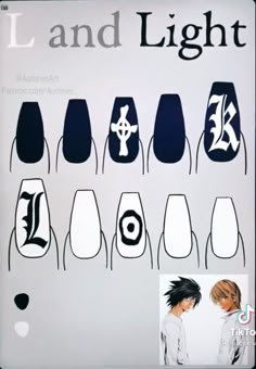 Danganronpa Nails Ideas, Deathnote Nails, Jujitsu Kaisen Nail Art, Aot Anime Acrylic Nails, Anime Nails Art Naruto, Anime Nail Ideas, Light And L, Jjk Nails, Anime Inspired Nails