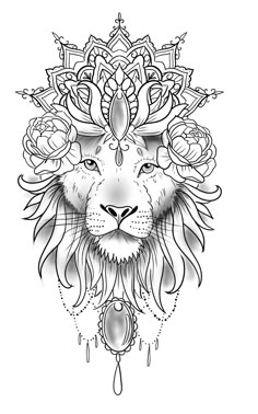 a black and white drawing of a lion with flowers on its head