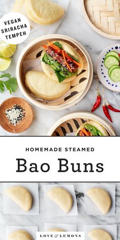 homemade steamed bao buns with vegetables and seasoning on the side for dipping sauce