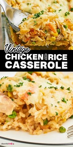 Closeups (collage) of a Chicken and Rice Casserole. Rotisserie Chicken And Rice Recipes Easy, Chicken And Rice Casserole Recipes Rotisserie, Chicken And Rice Casserole Rotisserie, Rotisserie Chicken And Rice Recipes, Creamy Chicken And Rice Casserole 12 Tomatoes, Emergency Chicken Rice Casserole, Chicken And Rice Casserole Recipes Cambells, Crockpot Rotisserie Chicken, Cheesy Chicken Recipes