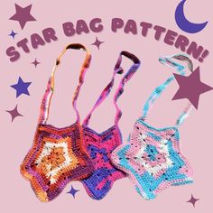 three crocheted purses with stars and the words star bag pattern on them