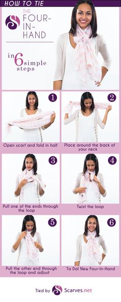 Watch our instructional video and learn how to fashion a four-in-hand scarf. Tying A Scarf, Scarf Video, Four In Hand Knot, Braid Scarf, Fancy Braids, Head Scarf Tying