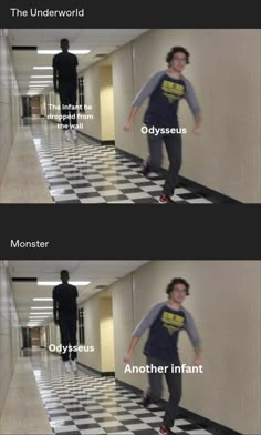 two pictures with the same person walking down a hallway, one is wearing a t - shirt