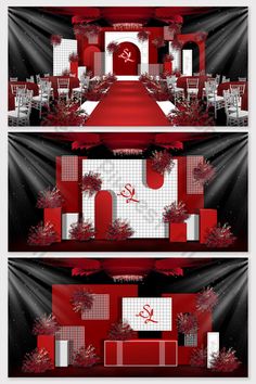 a red carpeted room with chairs and tables