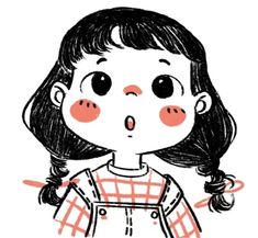 a drawing of a girl with black hair and pink cheeks, wearing an overall dress