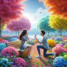 a man kneeling down next to a woman sitting on a bench in a flower filled park