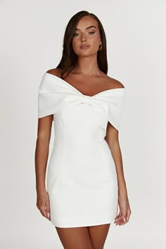 Gwyneth Off Shoulder Bow Mini Dress - White - MESHKI U.S Short Dress Elegant, Seductive Dress, Strapless Bodycon Dress, Embellished Collar, Slim Fit Dress, Vintage Material, Slim Fit Dresses, Black Bodycon Dress, Fit Dress