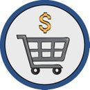 a shopping cart with a dollar sign in the center, on a white and blue circle