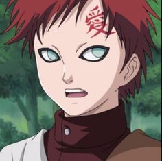 an anime character with red hair and blue eyes looks at the camera while standing in front of trees