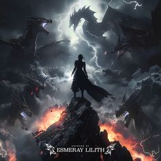 a man standing on top of a mountain surrounded by demonic looking dragon's in the sky