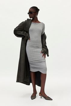 Sleek Silence + Noise dress in a stretch, bodycon fit & midi silhouette. Designed in a soft, jersey knit featuring a boatneck, long sleeves and a ruched asymmetric hemline. Only at Urban Outfitters. Features Silence + Noise Eliza long sleeve ruched bodycon mini dress Asymmetric mini dress Soft & stretchy jersey knit Wide boatneck and long sleeves Ruched asymmetric hem Slim bodycon fit Mini length Easy pull-over style UO exclusive Content + Care 92% Rayon, 8% spandex Machine wash Imported Size + Fashion Statements, Bodycon Midi Dress, Bodycon Midi, Midi Dress Bodycon, Staple Pieces, Bodycon Mini Dress, Asymmetric Hem, Textures Patterns, Midi Length