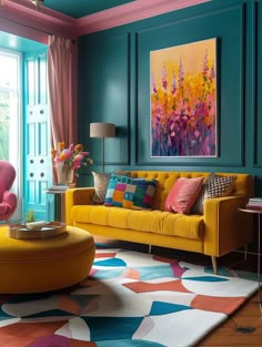 a living room filled with furniture and colorful walls