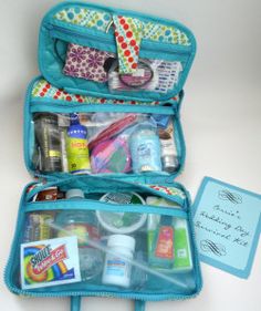 an open travel bag with personal care items in it