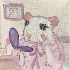 a painting of a hamster looking at its reflection in a mirror and holding a purple plate