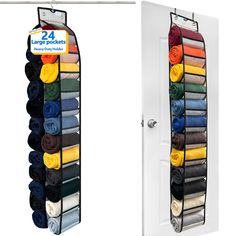 an over the door hanging storage rack holds folded towels and other items in various colors