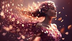 a woman with her hair blowing in the wind and falling petals all around her body