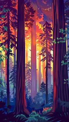 the sun is shining through the trees in this colorful forest painting by artist mark stewart