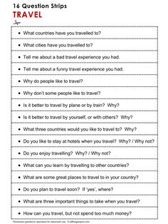 a travel question sheet with the words travel written in red and black on top of it